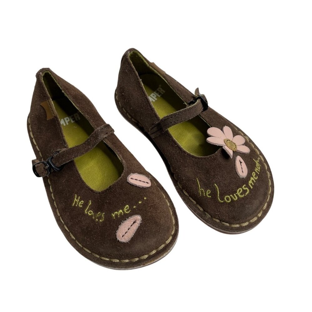 Camper Kids 8 Suede Mary Jane Shoes Brown Flower Embroidery